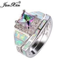 JUNXIN Rainbow/Blue/Pink/Purple Square Zircon Ring Set White Fire Opal Geometric Rings For Women Fashion Engagement Jewelry 2024 - buy cheap