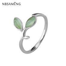 NBSAMENG Handcraft 925 Sterling Silver Ring With Opal Resizable Open Green Leaf Buds Rings for Women Simple Fashion Jewelry Gift 2024 - buy cheap