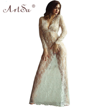 ArtSu-Vestido largo de encaje para mujer, prenda Sexy transparente con flores, longitud hasta el suelo, color blanco y negro, con ajuste de cintura, talla grande 2024 - compra barato