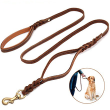 Braided Real Leather Dog Leash Double Handle pet Walking Training Leads Long Short rope for German Shepherd Medium Large Dogs 2024 - buy cheap