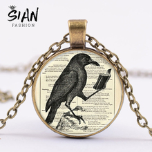 SIAN Vintage Raven Necklace Crow Reading Book Picture Handmade Glass Cabochon Bronze Plated Metal Pendant Necklace Bird Jewelry 2024 - buy cheap