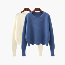 Suéter feminino gola redonda, pulôveres curtos casuais azuis e para primavera e outono de 2019 2024 - compre barato