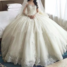 Long Sleeve Lace Wedding Dresses 2020 Luxury Ball Gown Appliques Court Train Illusion Back Vestido De Noiva Robe De Mariee 2024 - buy cheap