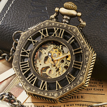 Vintage Skeleton Steampunk Mechanical Pocket Watch Polygon Hollow Bronze Silver China Pendant Clock Hand Wind Women Men Gift Box 2024 - купить недорого