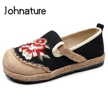 Johnature 2021 New Spring/autumn Handmade Embroidered Ethnic Style Shallow Breathable Linen Cotton Shoes Women Flat Platform 2024 - buy cheap