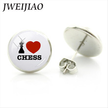 JWEIJIAO-pendientes de tuerca con diseño de ajedrez Internacional, joyería para amantes del ajedrez, redondos, con cúpula de cristal, para amor por la Paz, CH38 2024 - compra barato