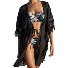 Tunic for Beach Bathing suit cover ups Black Chiffon Beach Dress 2021 Women Beachwear Lace Bikini cover up Saida de Praia 2024 - buy cheap