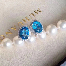 Brincos pedra preciosa natural azul topázio 925, brincos redondos simples e elegantes de prata, joias de pedras preciosas naturais para mulheres 2024 - compre barato