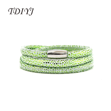 TDIYJ 6Pcs Fashion Green Sparkling Genuine Sheepskin Leather Warp Charms Bracelet with Magnetic Clasp Three Layers Special Gift 2024 - buy cheap