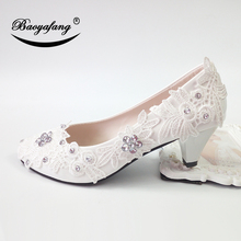 BaoYaFang 2019 New arrival White flower Party Heeled Shoes Woman High Heel Pumps Ladies Wedding shoes round toe Patent leather 2024 - buy cheap