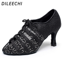 DILEECHI brand Autumn Black lace Latin dance shoes female adults Ballroom dancing shoes soft outsole Party boots White color 2024 - buy cheap