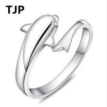 Tjp adoráveis amantes de golfinho ajustável feminino anéis de dedo joia banhados a prata anéis para mulheres casamento noivado quente 2024 - compre barato