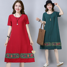 Chinese Style Short Sleeve Summer Dress Casual Loose Cotton Linen Embroidery Vintage Dress Fashion 2018 New Women Dresses 2024 - buy cheap