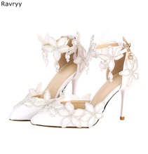 Woman's high heels beautiful flower wedding sandals twinkling crystal female white dress shoe pointed toe stilettos single shoe 2024 - buy cheap