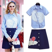 Terno de passarela primavera verão, feminino, nova moda vintage, camisetas despojadas com rendas, + apliques, saia de desenho animado, roupas casuais, ns987 2024 - compre barato