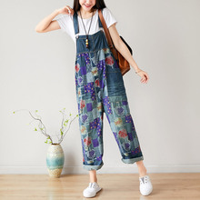 Women Thin Printed Holes Wide Leg Vintage Jumpsuit Pants Ladies Print Loose Patchwork Ripped Overalls Female Rompers 2019 Summer 2024 - buy cheap