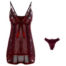 Сексуальное женское летнее прозрачное ночное белье, кружевное вышитое платье на бретельках, Мини Ночная рубашка с стринги 2024 - купить недорого