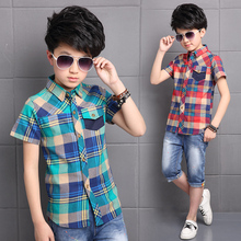 3 to 16 year Summer In the big boy shirt Clothes Student dress Casual Turn-down plaid Blouses for Child Boy Short sleeves Shirts 2024 - buy cheap