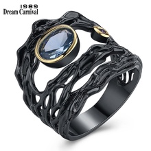 DreamCarnival 1989 Neo-Gothic Series Hollow Sea Blue Zirconia Vintage Ring for Women Black Gold Color Braided Jewelry Drop Ship 2024 - buy cheap