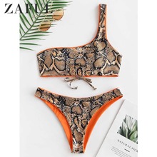 ZAFUL Reversible Bikini Set Snakeskin Print One Shoulder Two Pieces Sets Women Swimwear Lace Up Swimsuit Sexy Bathing Suit 2024 - buy cheap