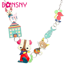 Bonsny Enamel Alloy Cute Dog Cat Fish Bone Necklace Pendant Chain Animal Jewelry For Women Girls Teens Accessories Bijoux Gift 2024 - buy cheap