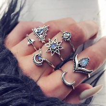 7 pçs de pacote anéis geométricos para mulher com sol/lua crescente/estrela e incrustada design falso opala anéis femininos knokkels 2024 - compre barato