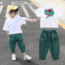 Conjunto de roupas de algodão com desenho de dinossauro, camiseta e calça curta para meninos, 2 peças, verão 2019 2024 - compre barato