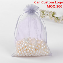 13x18cm Grey Organza Jewelry Gift Bags Small Drawstring Pouches Candy Bags Party Custom Logo Printed 100pcs/lot  Wholesale 2024 - buy cheap
