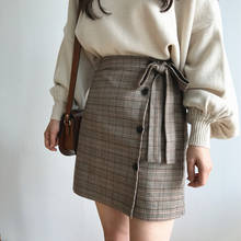 Autumn Winter Skirt Women 2020 England Style Vintage Plaid Bow Slim High Waist A Line Mini Skirt Gray Khaki saia feminina 3129 2024 - buy cheap