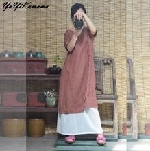 Women Summer Dress Maxi Short Sleeve Cotton Linen Dress Long Solid Color Elegant Loose Thin Beach Casual Robe YoYiKamomo 2024 - buy cheap