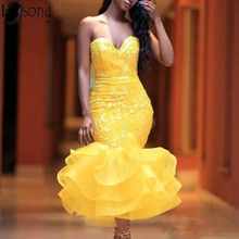 Yellow Tea Length Mermaid Prom Dresses Sweetheart Lace Appliques Tiered Skirt Chic Cocktail Dress Girls Formal Dress Party Gowns 2024 - buy cheap