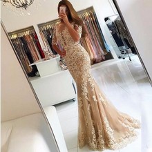 Backless Long Evening Dress Champagne Lace 2019 Mermaid Beads Half Sleeves Elegant Formal Party Gowns Prom Dress Robe De Soiree 2024 - buy cheap