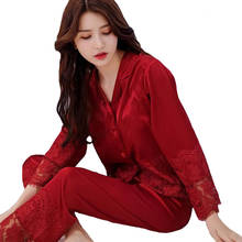 Red Sexy Long Sleeve Shirt&Pants Pajama Set Lady Solid 2PCS Sleepwear Lace Trim Pyjamas PJ Suit Casual Home Wear Nightwear 2024 - buy cheap