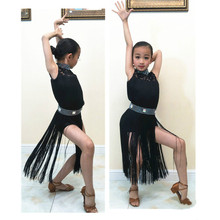 Vestido Latino brillante con diamantes de imitación para niñas, Falda de baile de salón con borla negra, trajes de competición 2024 - compra barato