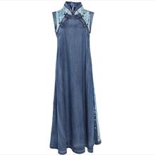 summer new vintage denim dress large size stand collar retro stitching irregular sleeveless  women jeans dress a-line 2024 - buy cheap