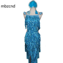 Vestido de baile latino brillante para mujer, vestido largo personalizado de lentejuelas, rendimiento, Rumba latina, Cha, borla, falda roja azul lago 2024 - compra barato