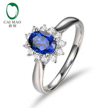 CaiMao Natural Oval Shape Sapphire SI1 G-H Halo Diamond 14K White Gold Engagement Wedding Ring 2024 - buy cheap