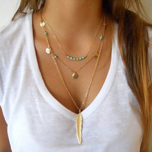 Hot Sale Multi Chains Choker Necklace Women Fashion Jewelry Long Feather Green Bead Statement Necklaces & Pendants Collar 2024 - buy cheap
