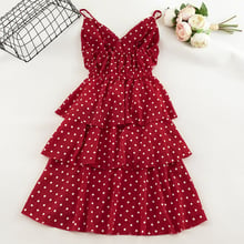 Women Summer V-neck Spaghetti Strap Polka Dot Chiffon Ball Gown Layer Cake Dress New Vintage Elastic Slim Waist Party Midi Dress 2024 - buy cheap