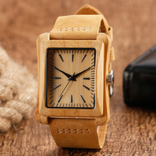 2020 relógio de madeira retângulo relógio de quartzo de bambu dos homens natrual feito à mão relógio de pulso com pulseira de couro genuíno 2024 - compre barato