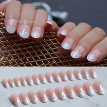 Rosa nude unhas falsas ovais de glitter francês, unhas falsas ab flash de diamante, bonito, menina, médio e adorável 2024 - compre barato