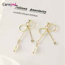 Carvejewl drop dangle earrings metal bow pearl crystal rhinestone earrings for women jewelry new simple fashion Korean earrings 2024 - buy cheap