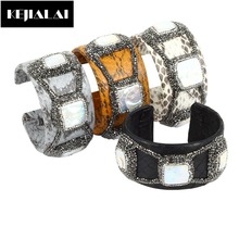 Boho Style Women Leather Bangle Mixed Color Python Leather Snakeskin Freshwater Pearl Shell Charm Cuff Bangles Pave Rhinestone 2024 - buy cheap