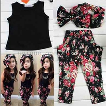 Hot summer baby girls clothes vest t-shirt + flower pants + headband pattern style baby suit for baby kids girls clothing sets 2024 - buy cheap