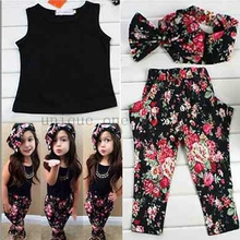 Los bebés del verano caliente ropa chaleco camiseta + Pantalones de La Flor + venda patrón estilo del bebé para bebé niños niñas sistemas de la ropa 2024 - compra barato