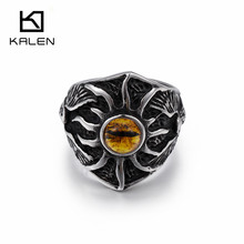 KALEN Punk Yellow Crystal Sun Eye Rings Men Size 8-12 Stainless Steel Devil Demon Eye Finger Rings Cheap Party Jewelry 2024 - buy cheap