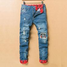Novo jeans masculino estampado retrô slim, casual, rasgado, slim, estampa de maré, jeans longo com buraco, calças, 2020 2024 - compre barato