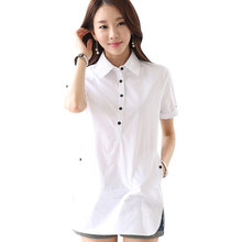 Long Blouse Womens Fashion Female Turn-Down Collar Cotton Tops Buttons Curves Hem Short Sleeve White Shirt 2024 - buy cheap