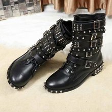 cool lady black leather low heel spike punk ankle boots rivets belts buckle woman flat heel leather Motorcycle boot real photos 2024 - buy cheap