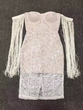 Mini vestido de bandagem sensual feminino, vestido sem alças com borla e renda, roupa de balada sexy branco para mulheres 2024 - compre barato
